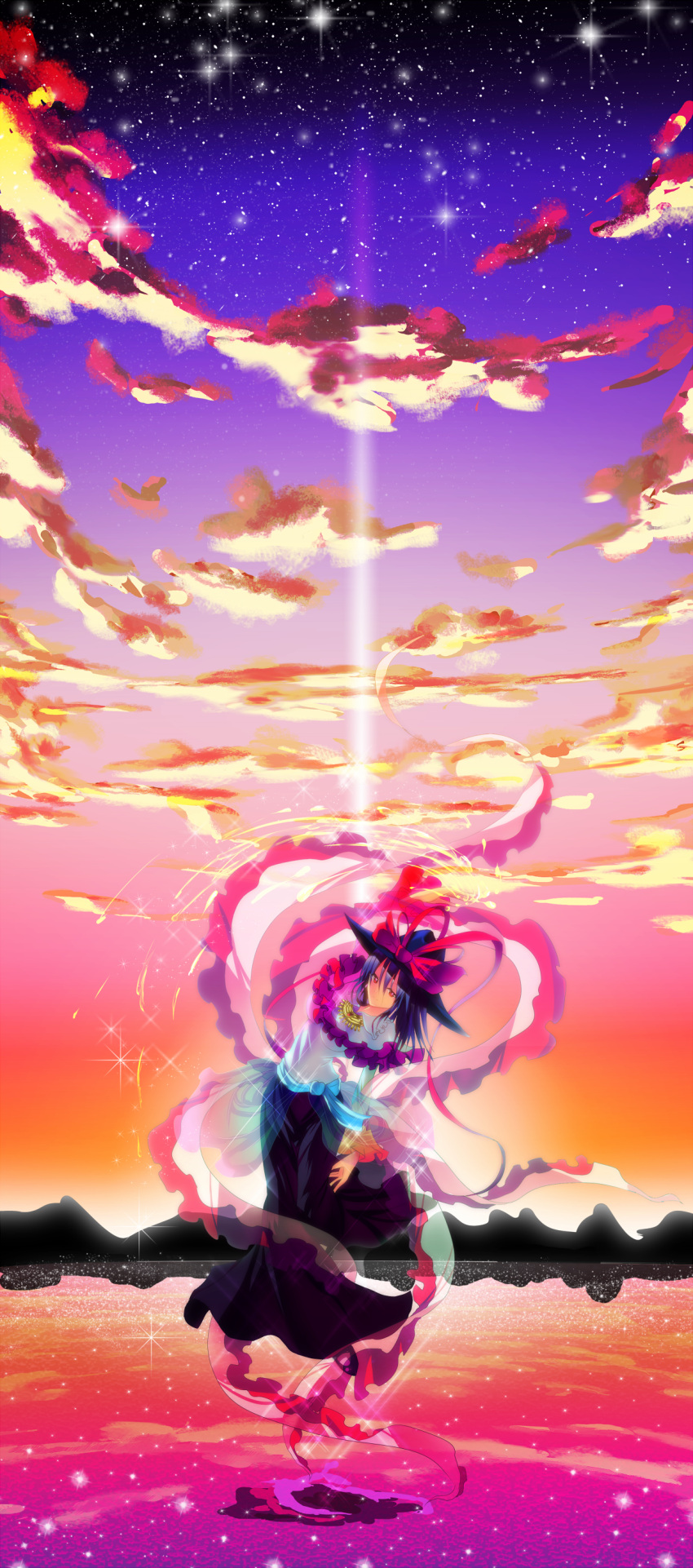 absurdres blue_hair bow cloud dress frills hat hat_bow highres jewelry nagae_iku red_eyes ribbon shawl short_hair sky smile solo sousakubito space star star_(sky) starry_sky touhou translucent