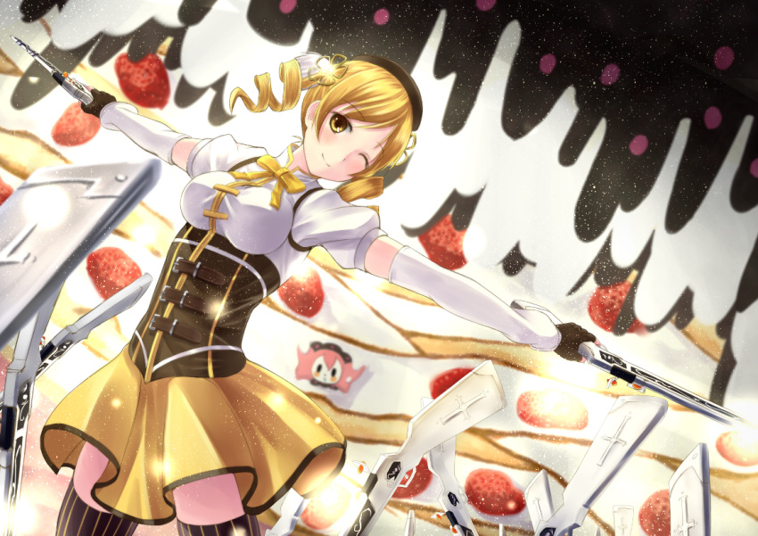 bad_id beret blonde_hair cake charlotte_(madoka_magica) corset detached_sleeves drill_hair dual_wielding fingerless_gloves food fruit gloves gun hat kino_(kino_buro) magical_girl magical_musket mahou_shoujo_madoka_magica pleated_skirt puffy_sleeves skirt solo strawberry thigh-highs thighhighs tomoe_mami twin_drills vertical-striped_legwear vertical_stripes weapon wink witch's_labyrinth witch's_labyrinth yellow_eyes zettai_ryouiki