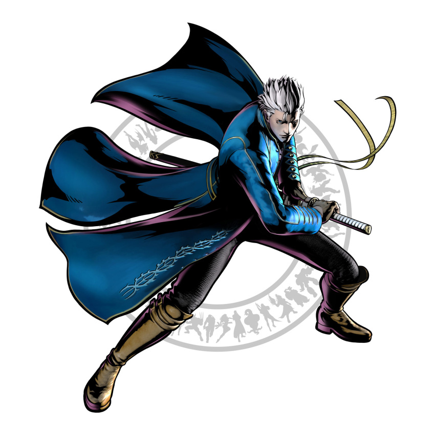 battoujutsu_stance blue_eyes capcom devil_may_cry devil_may_cry_3 fighting_stance highres jacket katana male marvel_vs._capcom marvel_vs._capcom_3 marvel_vs_capcom marvel_vs_capcom_3 mori_toshiaki official_art shinkiro solo sword vergil weapon white_hair yamato_(sword)