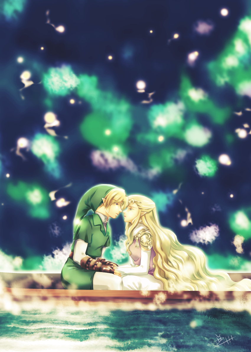blue_eyes boat dress earrings fairy gloves hat highres imminent_kiss incipient_kiss jewelry link long_hair nintendo ocarina_of_time piggy_ho_ho pointy_ears princess_zelda short_hair sitting the_legend_of_zelda tiara water