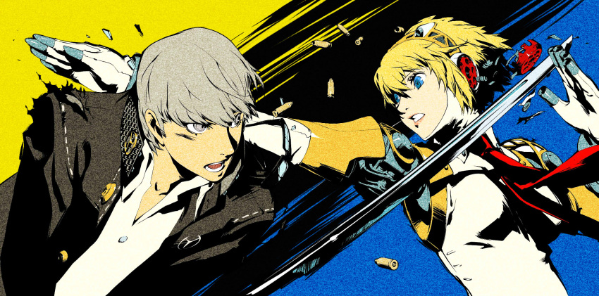 android arc_system_works battle blonde_hair blue_eyes casing_ejection glasses grey_eyes grey_hair highres narukami_yuu official_art persona persona_3 persona_4 persona_4:_the_ultimate_in_mayonaka_arena robot_joints school_uniform shell_casing short_hair sword torn_clothes weapon