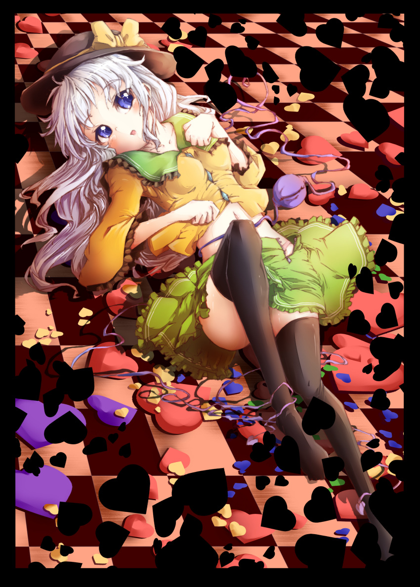 absurdres blue_eyes blush bow breasts checkered closed_eye frills hat hat_bow heart highres komeiji_koishi long_hair navel on_back silver_hair skirt solo string thigh-highs thighhighs toor_0111 touhou