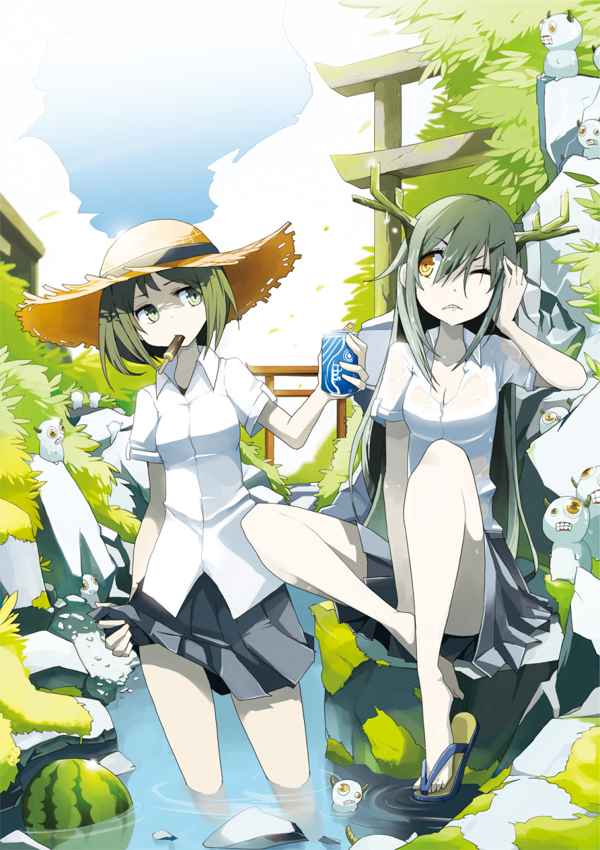 antlers bare_legs breasts brown_hair can cleavage cloud flip-flops food fruit green_eyes green_hair hat highres long_hair monster mouth_hold multiple_girls orange_eyes original popsicle sandals shirt short_hair skirt sky stone_torii straw_hat tansuke torii wading water watermelon wet wet_clothes wet_shirt wink