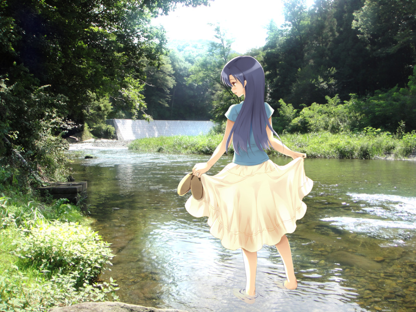 1girl bad_id blue_hair brown_eyes from_behind holding holding_shoes idolmaster kisaragi_chihaya komi_zumiko long_hair photo_background see-through shoes_removed skirt skirt_hold skirt_lift solo wading water