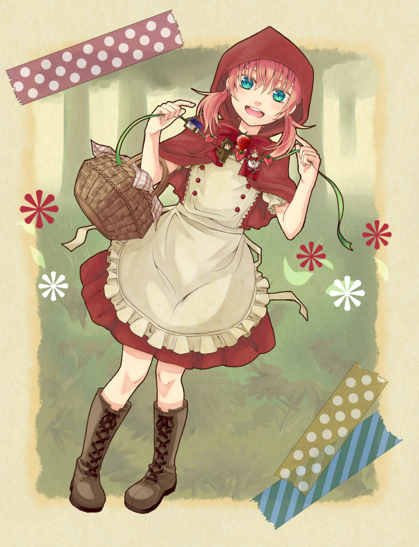 bad_id basket bekkourico blue_eyes boots cosplay crossdressinging dress grimm's_fairy_tales grimm's_fairy_tales highres inazuma_eleven inazuma_eleven_(series) inazuma_eleven_go kirino_ranmaru little_red_riding_hood little_red_riding_hood_(cosplay) little_red_riding_hood_(grimm) long_hair low_twintails male open_mouth pink_hair smile solo trap twintails