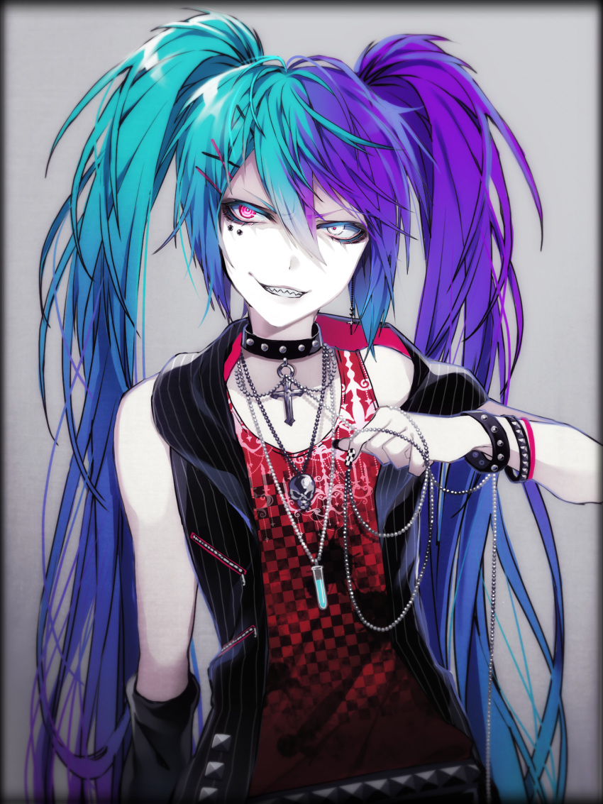 1055 1girl alternate_color alternate_costume alternate_hair_color aqua_hair arm_at_side belt black_border border bracelet checkered choker collar colored_eyelashes cross cross_earrings detached_sleeves earrings facing_viewer fingernails flat_chest gradient gradient_hair grey_background grey_eyes grin hair_ornament hairclip hatsune_miku heterochromia highres jewelry latin_cross leather_choker long_fingernails long_hair looking_to_the_side multicolored_hair nail_art necklace pale_skin pink_eyes purple_hair red_shirt ringed_eyes sharp_teeth shirt simple_background single_detached_sleeve single_earring skull_necklace sleeveless sleeveless_shirt smile solo spiked_bracelet spiked_collar spikes striped studded_belt studded_bracelet studs teeth test_tube tsurime twintails two-tone_hair upper_body v-shaped_eyebrows very_long_hair vocaloid waistcoat x_hair_ornament