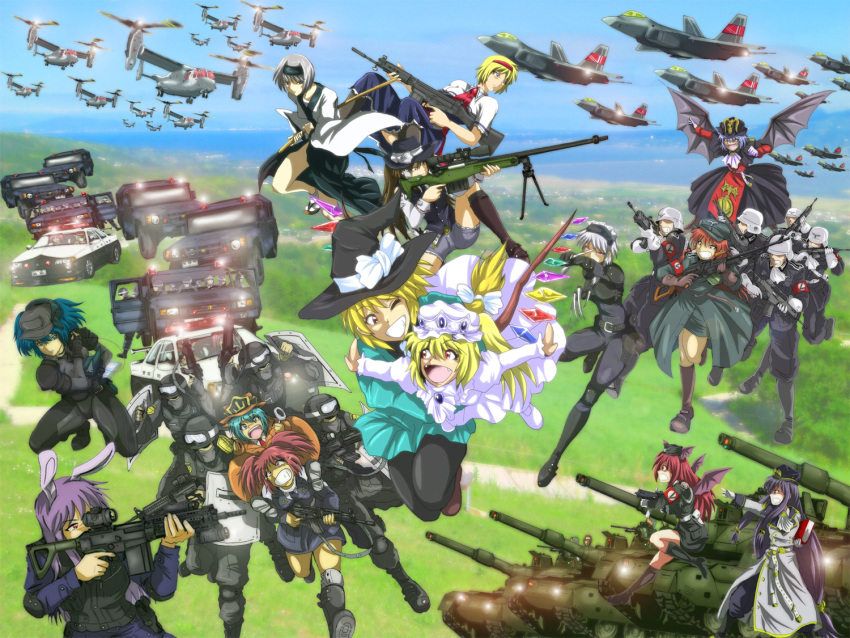 aircraft airplane alice_margatroid animal_ears assault_rifle bat_wings battle_rifle blonde_hair blue_eyes blue_hair bunny_ears caterpillar_tracks claws dress fangs flandre_scarlet fn_fal g36 green_hair grey_hair gun hakurei_reimu hat hong_meiling howa_type_64 howa_type_89 izayoi_sakuya japanese_clothes junkei katana kawashiro_nitori kirisame_marisa knife koakuma konpaku_youmu long_hair lupin_iii m4_carbine machine_gun military military_uniform military_vehicle multiple_girls onozuka_komachi osprey outstretched_arms patchouli_knowledge pkm police police_car purple_eyes red_eyes red_hair redhead reisen_udongein_inaba rifle riot_shield shikieiki_yamaxanadu short_hair side_ponytail smile sniper_rifle sword tank throwing_knife touhou twintails uniform v-22_osprey vehicle violet_eyes weapon wedding_dress wings wink witch witch_hat