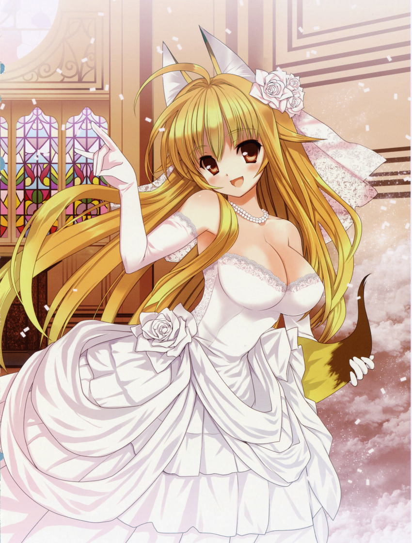 animal_ears blonde_hair blush breasts cleavage dress elbow_gloves fox gloves highres jewelry kanokon koin koin_(foxmark) large_breasts long_hair minamoto_chizuru necklace open_mouth smile tail wedding_dress