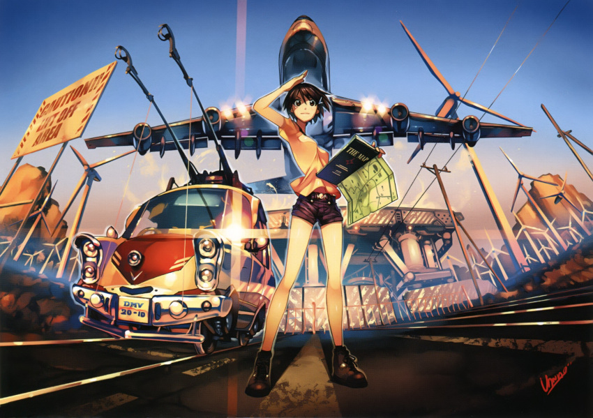 absurdres airplane bare_legs boeing_747 boots brown_eyes brown_hair car copyright_request hair_ornament hairclip highres map motor_vehicle railroad_tracks short_hair short_shorts short_sleeves shorts smile solo t-shirt vania600 vehicle wind wind_turbine windmill