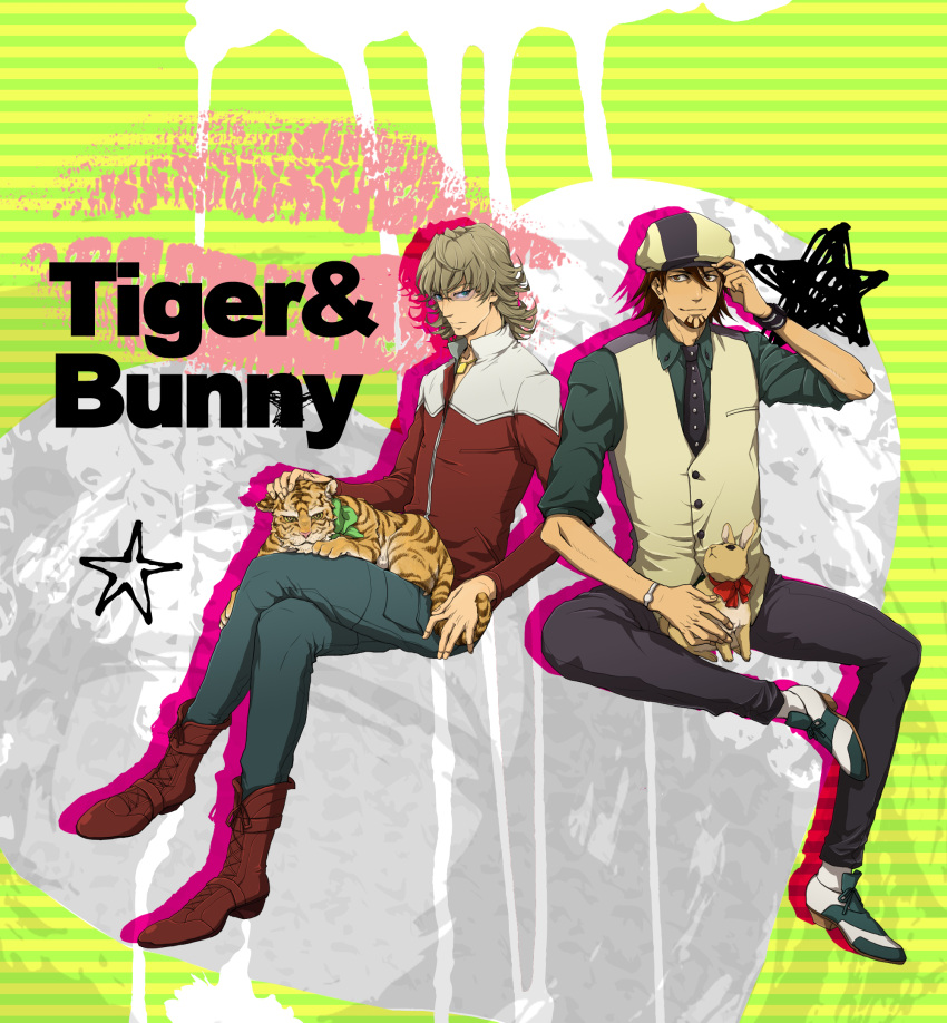 barnaby_brooks_jr blonde_hair blue_eyes boots brown_eyes brown_hair bunny cabbie_hat chizuma facial_hair glasses hat highres jacket jewelry kaburagi_t_kotetsu male multiple_boys necklace necktie petting pettting rabbit red_jacket short_hair sitting stubble tiger tiger_&amp;_bunny vest waistcoat
