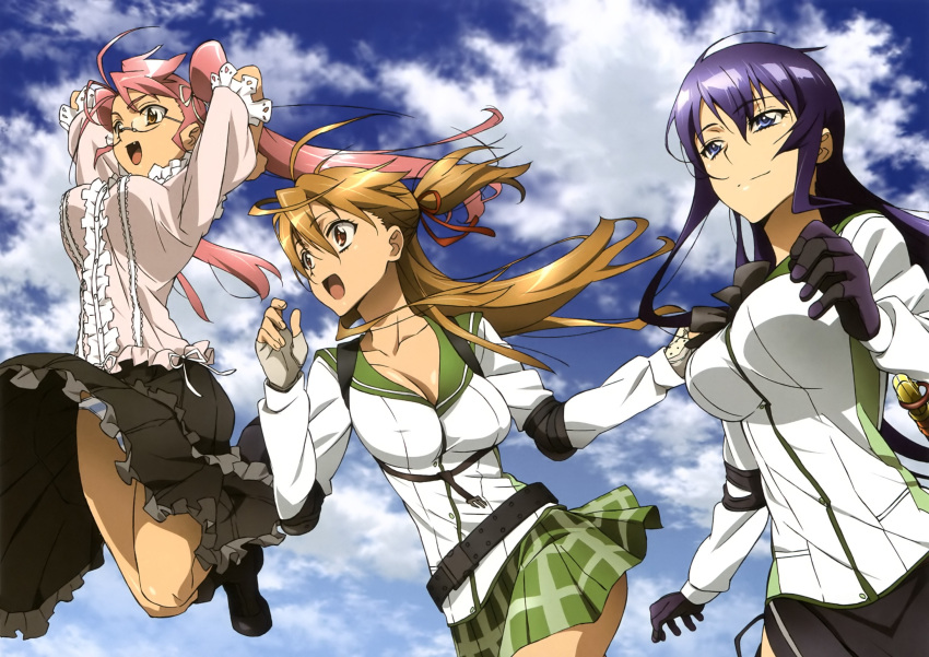 3girls brown_hair busujima_saeko clouds female glasses highres highschool_of_the_dead jpeg_artifacts jumping large_breasts long_hair miyamoto_rei official_art open_mouth panties pink_hair ponytail purple_hair running scan seifuku skirt sky striped_panties takagi_saya tanaka_masayoshi twintails underwear