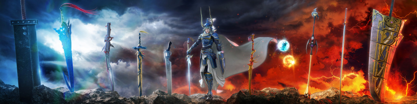 1boy absurdres armor cape clouds cloudy_sky dissidia_final_fantasy dissidia_final_fantasy_nt embers final_fantasy final_fantasy_i glowing gunblade helmet highres horned_helmet huge_weapon lens_flare long_image looking_at_viewer official_art planted_sword planted_weapon rock shield silver_hair sky solo square_enix staff sword warrior_of_light weapon wide_image