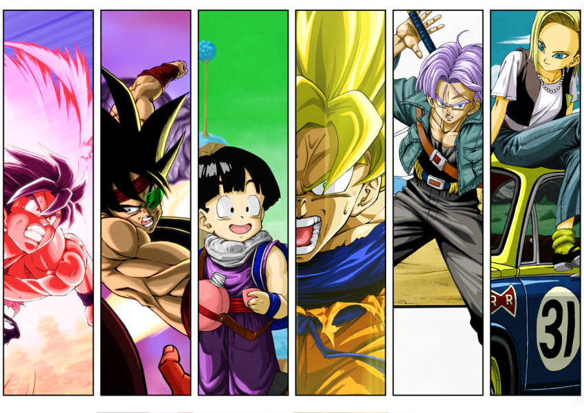 android_18 angry bardock black_hair blonde_hair blue_eyes blue_hair bottle car clenched_hand cloud column_lineup dragon_ball dragon_ball_z dragonball_z earrings fist green_eyes headband jeans jewelry mackenrow_1220 motor_vehicle muscle namek necklace open_mouth outdoors scouter smile son_gohan son_gokuu super_saiyan sword teeth torn_clothes tree trunks_(dragon_ball) vehicle water_bottle weapon