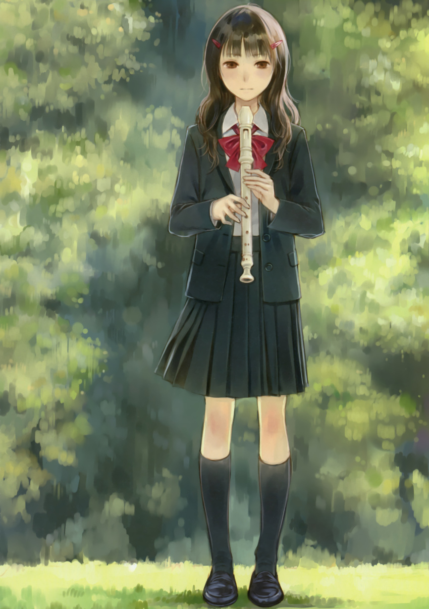 1girl absurdres black_legwear blazer bow brown_eyes brown_hair closed_mouth facing_viewer female flute footwear full_body hair_ornament hairclip highres holding holding_instrument instrument kishida_mel kneehighs loafers long_hair long_sleeves looking_at_viewer original outdoors pleated_skirt recorder school_uniform shoes skirt socks solo standing