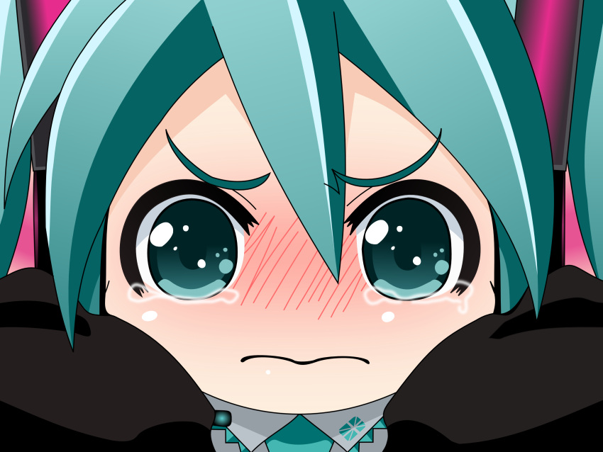 1girl blush chibi close crying crying_with_anger face_focus green_eyes hatsune_miku solo tears turquoise_hair vector vocaloid