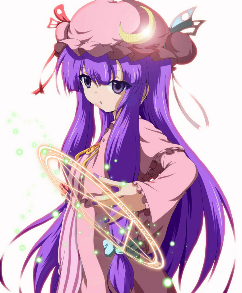 crescent dr._cryptoso english hair_ribbon hat hexagram highres lens_flare long_hair magic_circle nail_polish patchouli_knowledge puppet_string puppet_strings purple_eyes ribbon solo striped touhou violet_eyes