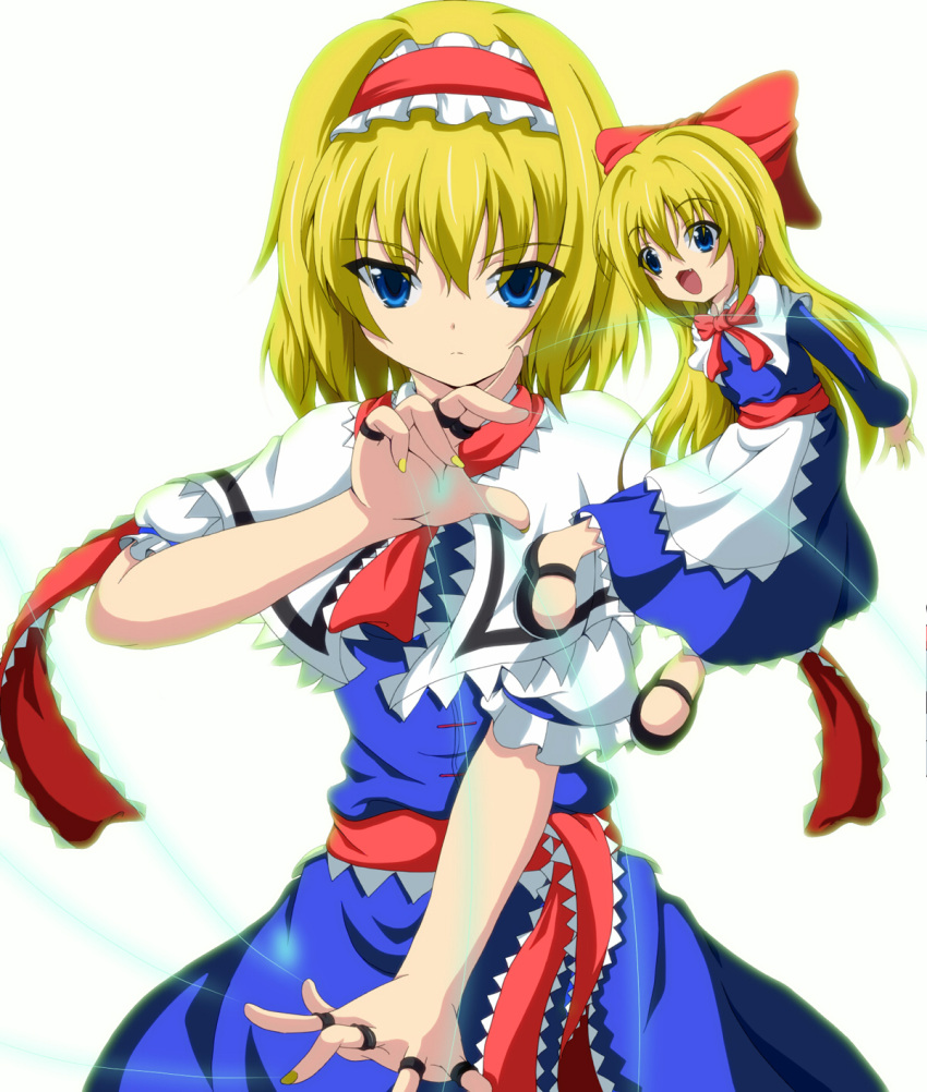 alice_margatroid blonde_hair blue_eyes bow capelet dr._cryptoso fang frills hair_bow hairband highres long_hair nail_polish open_mouth puppet_string puppet_strings ribbon shanghai_doll short_hair smile solo tareme touhou tsurime