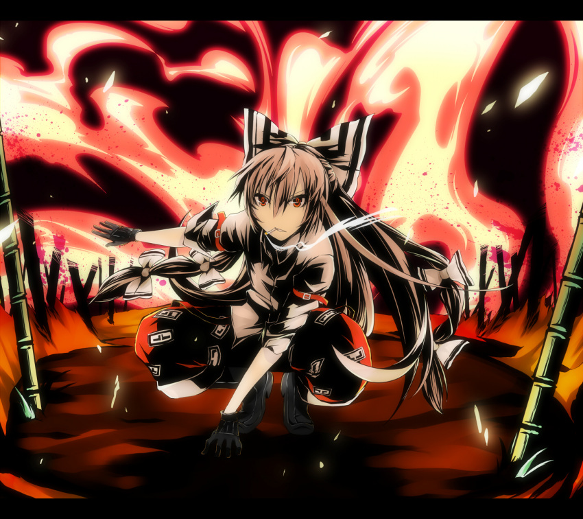 bamboo bamboo_forest bisuke_(k_step2009) bow burning cigarette fire forest fujiwara_no_mokou gloves hair_bow hair_ribbon highres k_step2009 nature on_toes pants red_eyes ribbon sleeves_rolled_up smoking solo squatting tiptoes touhou white_hair