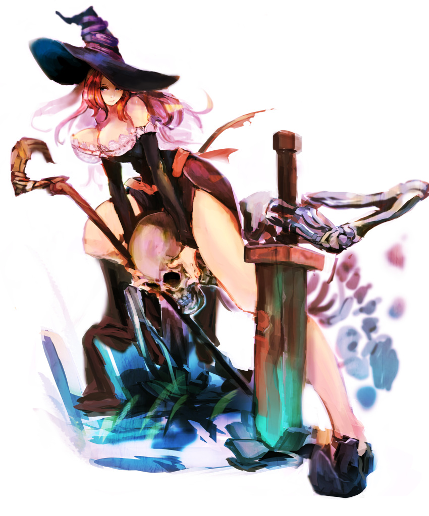 between_thighs blue_eyes breasts cleavage detached_sleeves dragon's_crown dragon's_crown dress hat highres huge_breasts legs_up long_hair orange_hair simple_background skeleton so-bin solo sorceress_(dragon's_crown) sorceress_(dragon's_crown) staff strapless_dress sword thighs weapon witch_hat