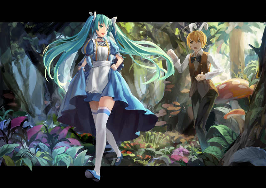 1boy 1girl alice_in_musicland_(vocaloid) animal_ears blonde_hair choker dress green_eyes green_hair hatsune_miku kagamine_len letterboxed long_hair mushroom open_mouth rabbit_ears shuang_ye skirt_hold thigh-highs tree twintails very_long_hair vocaloid walking yellow_eyes