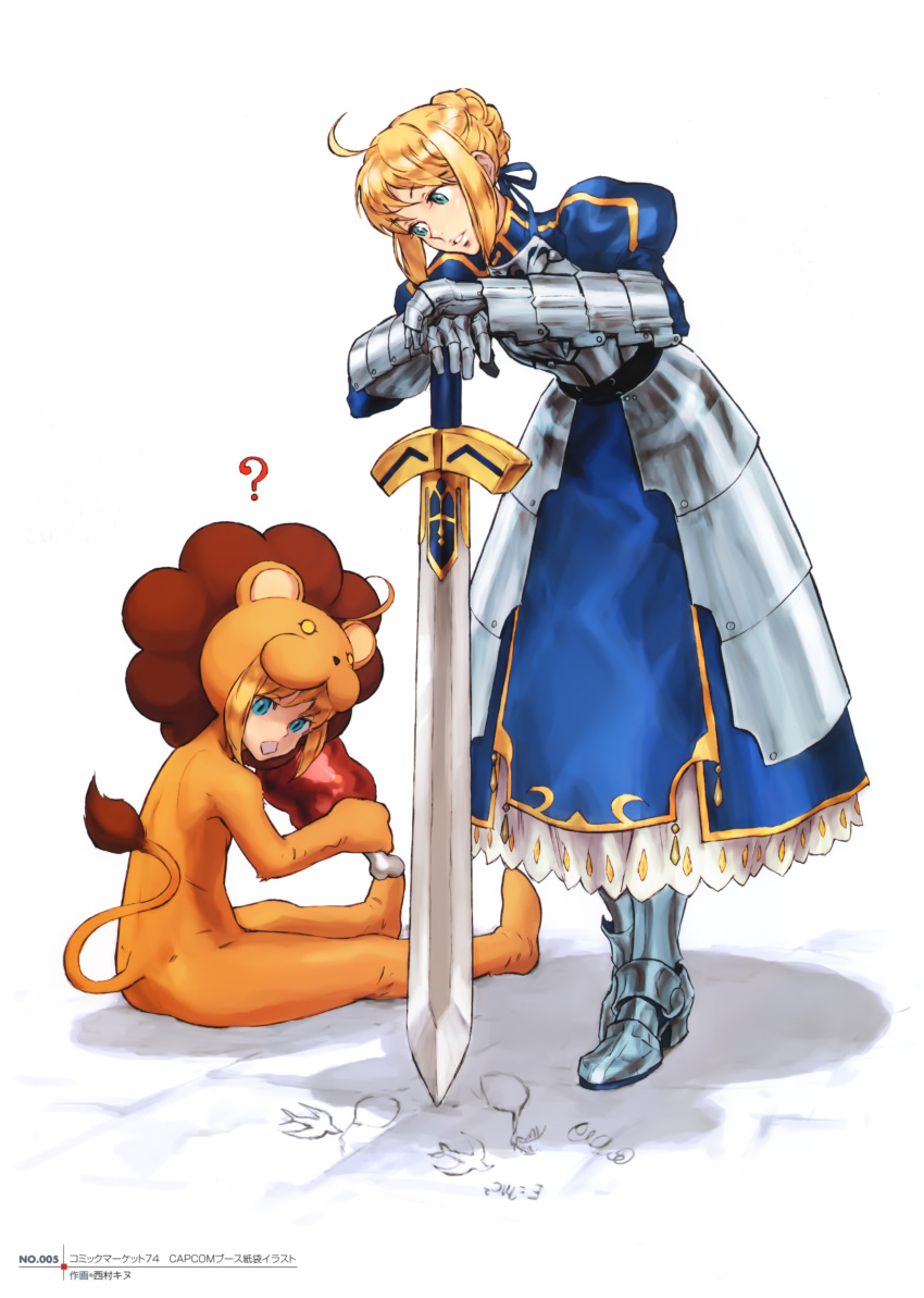 absurdres ahoge armor armored_dress blonde_hair blue_eyes boned_meat cosplay costume dress dual_persona fate/stay_night fate/tiger_colosseum fate/unlimited_codes fate_(series) faulds food highres lion meat mister_donut monty_python nishimura_kinu parody pon_de_lion pon_de_lion_(cosplay) saber saber_lion short_hair sword weapon