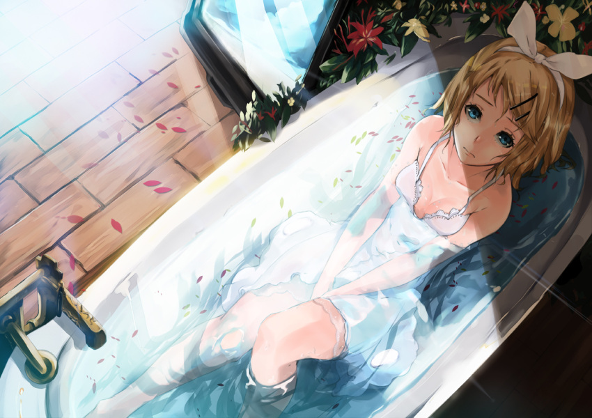 bare_legs bare_shoulders bathtub blonde_hair blue_eyes collarbone dress hair_ornament hair_ribbon hairband hairclip kagamine_rin looking_at_viewer looking_up mirre petals ribbon shade sitting solo submerged sundress v_arms vocaloid water wet wet_clothes