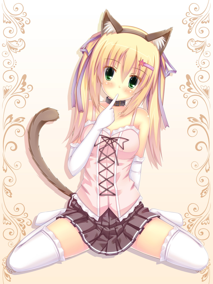 animal_ears bare_shoulders blonde_hair blush cat_ears cat_tail collar collarbone elbow_gloves fake_animal_ears finger_to_mouth gloves green_eyes hair_ornament hair_ribbon hairband hairclip head_tilt highres ichiroku looking_at_viewer original pleated_skirt ribbon sena_(ichiroku) sitting skirt tail thigh-highs thighhighs wariza white_legwear