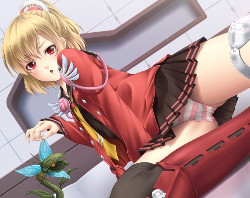black_legwear blonde_hair blush boots emilia_percival knee_boots looking_at_viewer mochi.f panties pantyshot pantyshot_(sitting) pantyshot_sitting phantasy_star phantasy_star_portable_2 phantasy_star_portable_2_infinity pleated_skirt ponytail red_eyes short_hair sitting skirt solo striped striped_panties thigh-highs thighhighs underwear