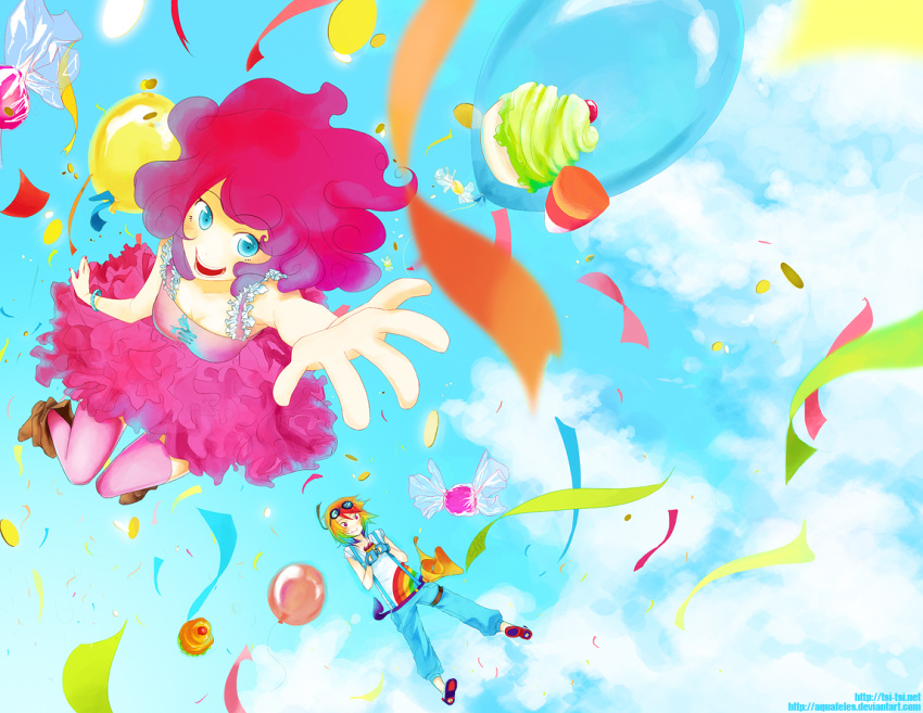 aquafeles balloon bare_shoulders blue_eyes blurry boots bracelet breasts candy cleavage cloud confetti cupcake depth_of_field fingerless_gloves frills gloves goggles goggles_on_head jeans jewelry long_hair multicolored_hair multiple_girls my_little_pony my_little_pony_friendship_is_magic open_mouth outstretched_hand personification pink_hair pinkie_pie rainbow_dash rainbow_hair short_hair smile thigh-highs thighhighs