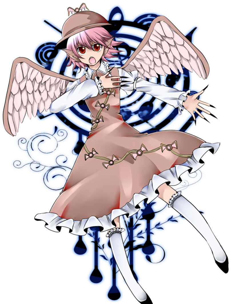 :o animal_ears bobby_socks brown_dress claws dress fingernails footwear frilled_dress frilled_sleeves frills hand_on_chest hand_on_own_chest hat highres kneehighs long_fingernails long_sleeves musical_note mystia_lorelei no_nose onjin0110 pink_hair red_eyes short_hair singing socks solo touhou wings
