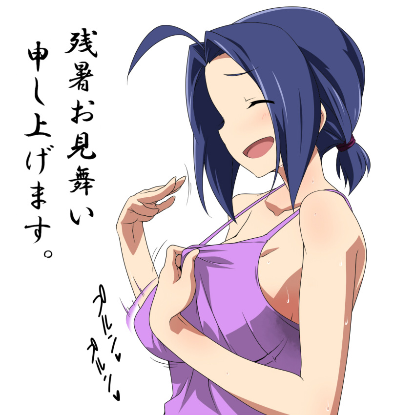 casual closed_eyes eyes_closed highres idolmaster idolmaster_2 miura_azusa short_hair takeya_yuuki translated twintails zanshomimai