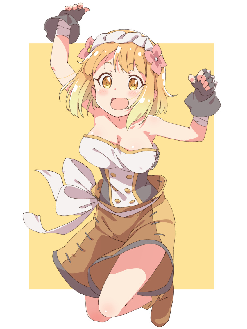 1girl :d absurdres blonde_hair blush breasts endro! fai_fai fingerless_gloves gloves hairband highres jumping karahai_(31448823) large_breasts multicolored_hair open_mouth short_hair shorts simple_background smile solo spiked_knuckles strapless two-tone_hair yellow_eyes