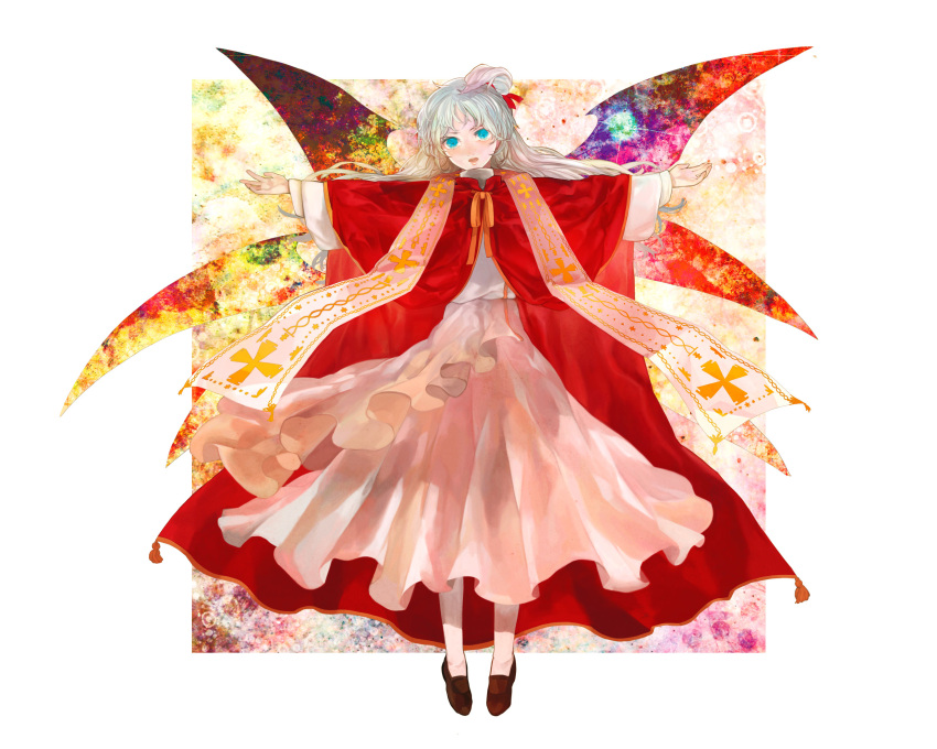 blue_eyes dress goddess highres long_sleeves multiple_wings open_mouth outstretched_arms shawl shinki side_ponytail solo spread_arms touhou white_hair wings xero