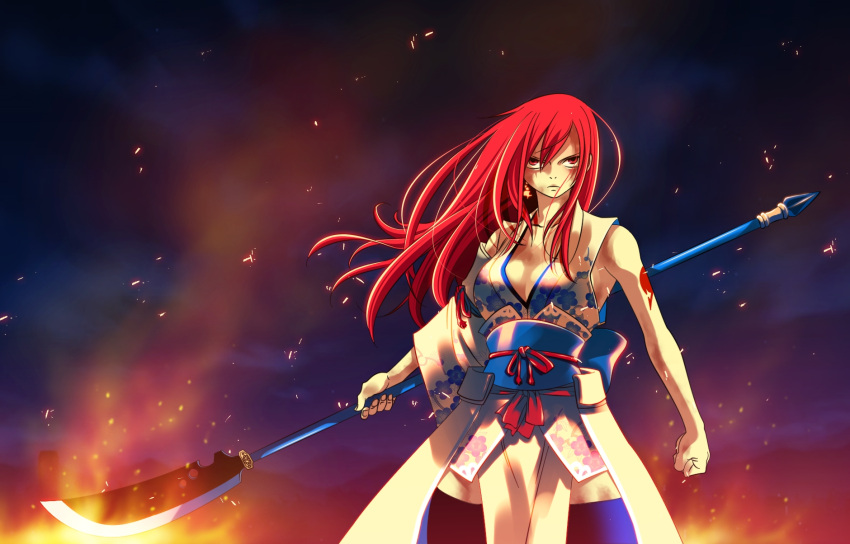 angry cleavage earring erza_scarlet fairy_tail fire halberd obi red_hair redhead tattoo weapon