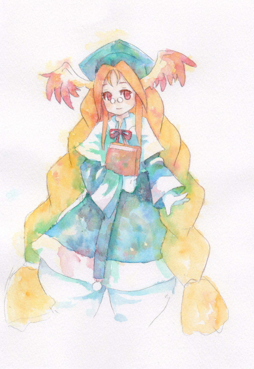 animal_ears braid breath_of_fire breath_of_fire_iii glasses highres long_hair momo_(breath_of_fire) orange_hair red_eyes smile traditional_media twintails watercolor_(medium)