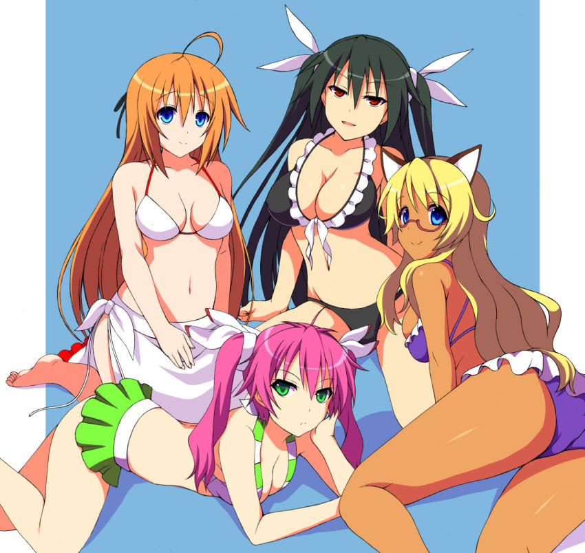 animal_ears bikini bikini_skirt black_hair blonde_hair blue_eyes cat_ears dark_skin green_eyes konoe_subaru kyoku_tou mayo_chiki! multiple_girls narumi_nakuru orange_hair pink_hair red_eyes sarong suzutsuki_kanade swimsuit twintails two_side_up usami_masamune