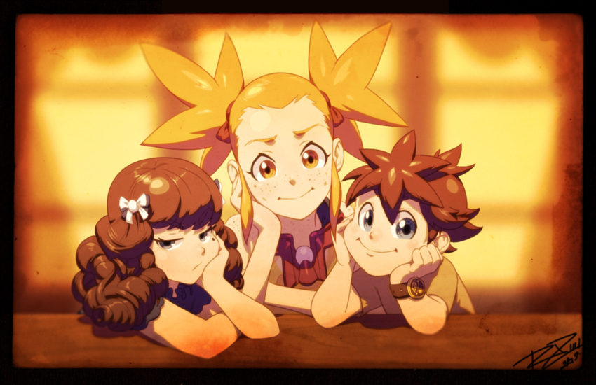 1boy 2girls alternate_hairstyle bliss_barson blue_eyes border bow braxton_barson brother_and_sister brown_hair chin_rest cryamore esmyrelda_maximus freckles goggles goggles_on_head hair_bow mole multiple_girls orange_eyes orange_hair robert_porter siblings signature smile twintails watch watch younger