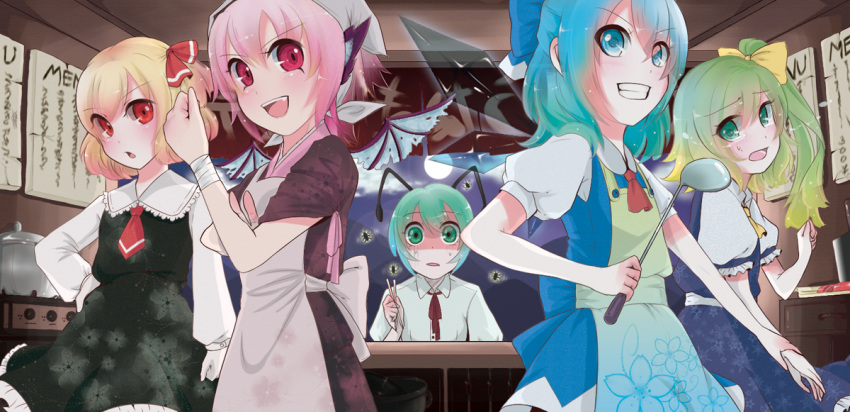 antennae apron ascot bad_id blonde_hair blue_eyes blue_hair bow chopsticks cirno daiyousei dress full_moon grabbing green_eyes green_hair grin hair_bow hair_ribbon hand_on_hip hips insect ladle mo2ica moon multiple_girls mystia_lorelei necktie okamisty open_mouth pink_eyes pink_hair red_eyes ribbon rumia shaded_face short_hair side_ponytail smile stove string_tie team_9 tears touhou wings wriggle_nightbug youkai