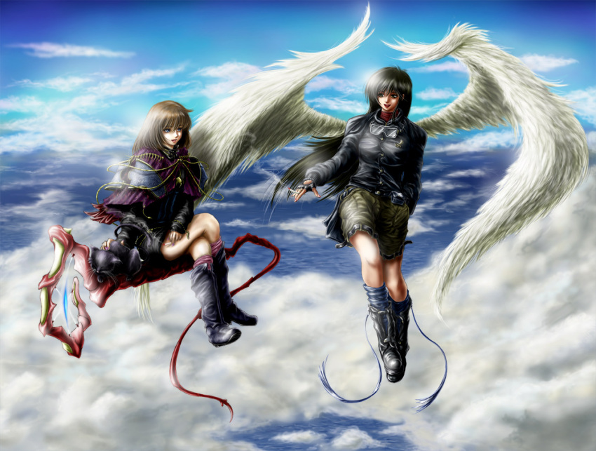 black_hair blue_eyes blush_response boots brown_hair cat cigarette cloud crossed_legs fingerless_gloves gloves goggles goggles_around_neck hand_in_pocket leather_jacket legs_crossed long_hair multiple_girls original riding shorts sitting sky smile wings