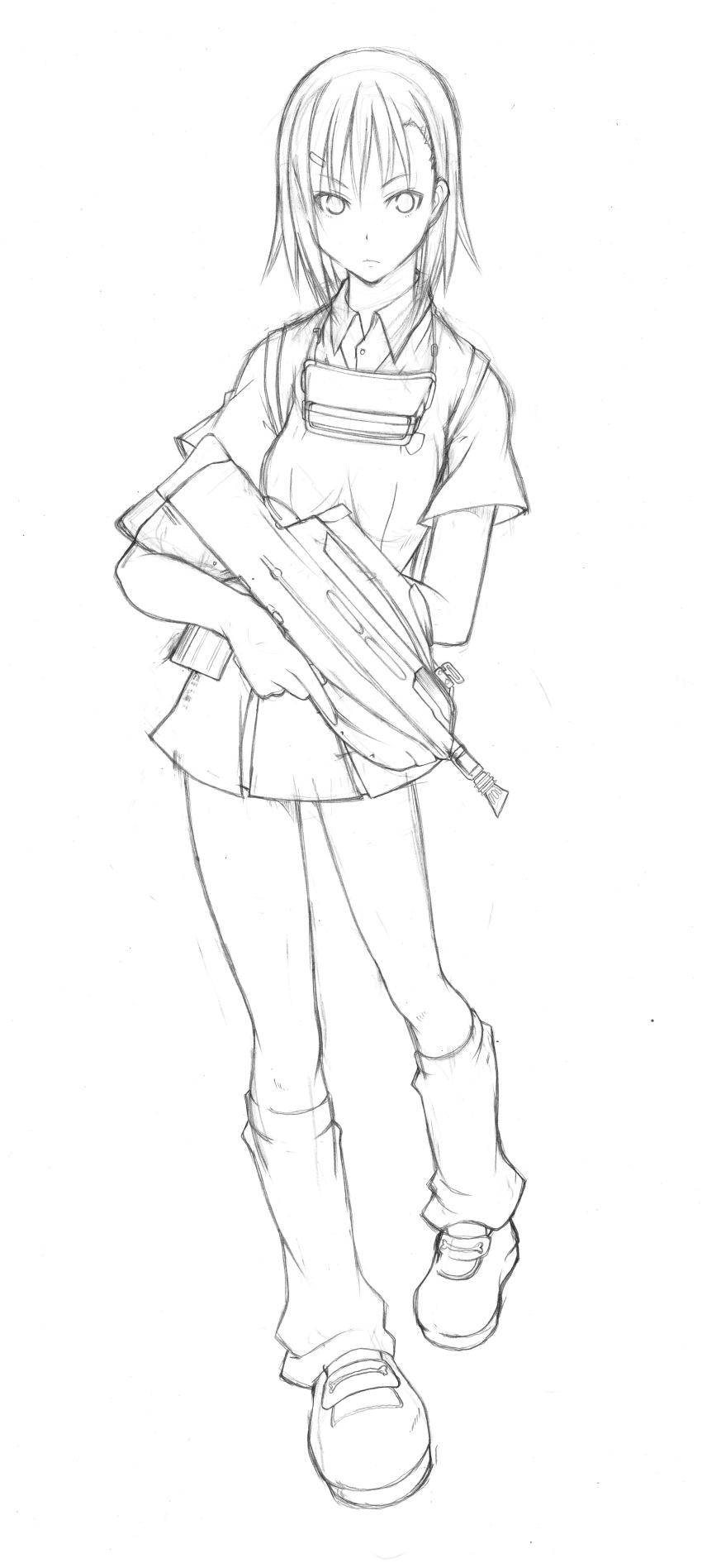 absurdres adult assault_rifle bullpup fn_f2000 goggles goggles_around_neck grayscale greyscale gun hair_ornament hairclip highres leg_warmers lineart mary_janes misaka_imouto monochrome nikubanare rifle shoes simple_background sketch skirt standing to_aru_kagaku_no_railgun to_aru_majutsu_no_index weapon white_background