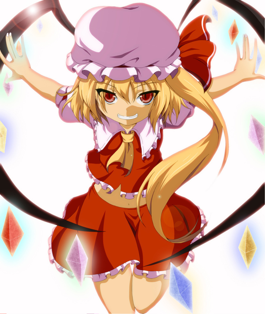 ascot blonde_hair dr._cryptoso flandre_scarlet hat highres lens_flare midriff navel outstretched_arms red_eyes side_ponytail skirt slit_pupils smile solo the_embodiment_of_scarlet_devil touhou wings