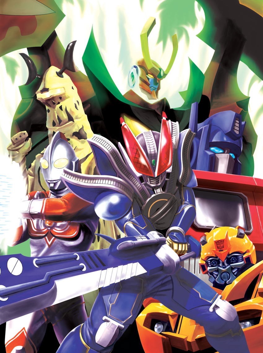 bad_id bad_pixiv_id bumblebee cover cover_page crossover eleking highres hiro_(hibikigaro) horns kaette_kita_ultraman kaijuu kamen_rider kamen_rider_den-o_(series) kamen_rider_new_den-o mecha no_humans optimus_prime sword tengen_toppa_gurren-lagann_(mecha) tengen_toppa_gurren_lagann transformers ultra_series ultra_seven_(series) ultraman_jack weapon