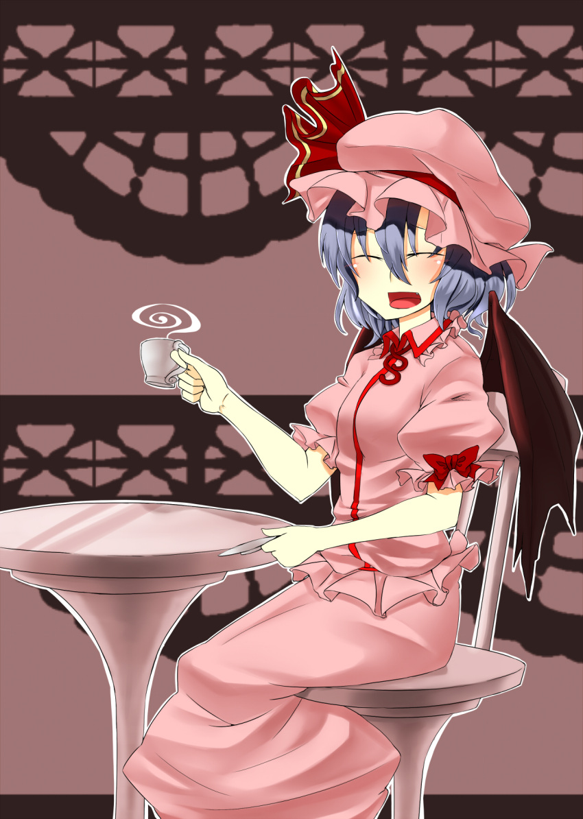blue_hair cup fang hat highres rinnrinn smile solo teacup touhou