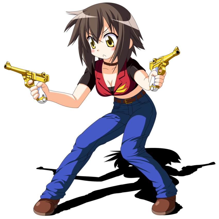 blush breasts brown_hair claire_redfield claire_redfield_(cosplay) cleavage cosplay crop_top dual_wielding frown golden_gun gun handgun highres jeans kusakabe_misao lucky_star luger_p08 midriff pistol resident_evil rindou_(awoshakushi) shadow solo weapon yellow_eyes