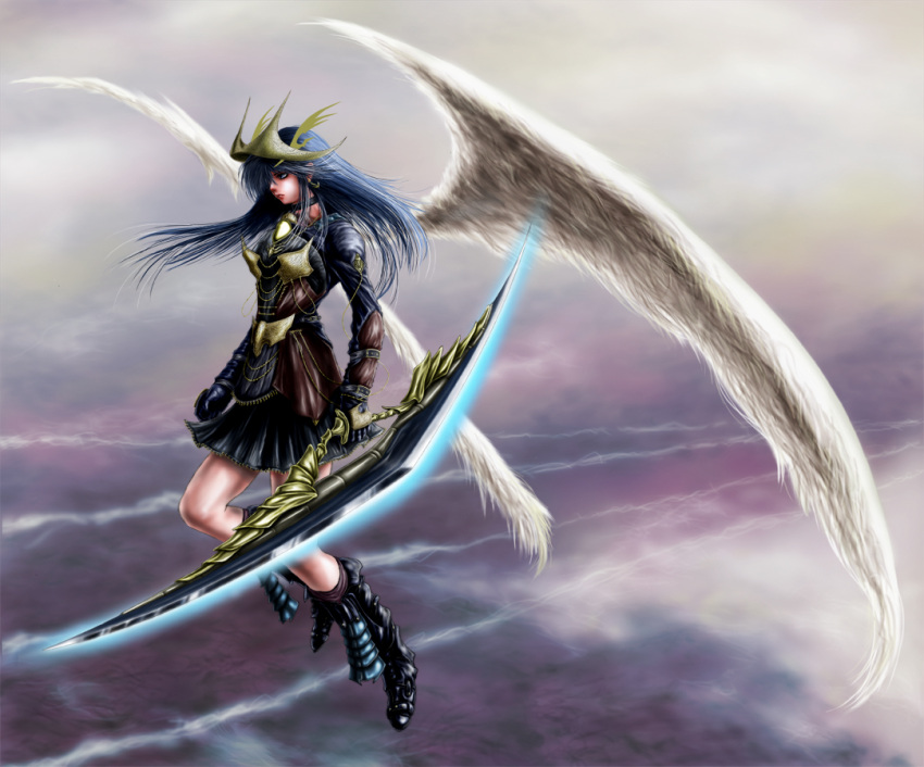 blue_hair blush_response boots chain chains choker cloud earrings hair_over_one_eye helmet jewelry leather long_hair original skirt sky solo weapon wings