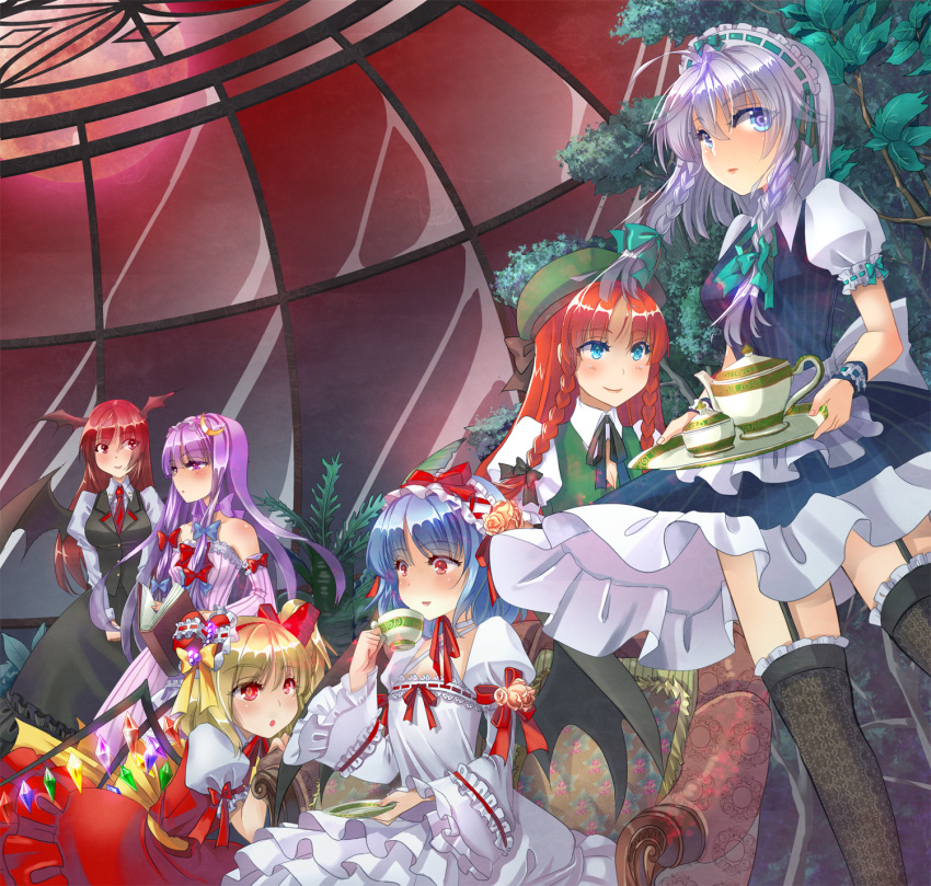 adapted_costume alternate_costume alternate_headwear armchair bare_shoulders bat_wings black_legwear blonde_hair blue_eyes blue_hair book bow braid choker colored_eyelashes crescent cup detached_sleeves dress flandre_scarlet full_moon garter_straps hair_bow hat highres hong_meiling izayoi_sakuya koakuma lips lolita_fashion lolita_hairband lolita_headband long_hair mimika_(puetilun) mini_hat mini_top_hat moon no_hat no_headwear orange_hair patchouli_knowledge purple_eyes purple_hair red_eyes red_hair red_moon redhead remilia_scarlet shiny shiny_hair short_hair side_ponytail silver_hair sitting smile standing strapless_dress striped tea_set teacup the_embodiment_of_scarlet_devil thigh-highs thighhighs top_hat touhou tray twin_braids unmoving_pattern veranda vest violet_eyes wings wrist_cuffs