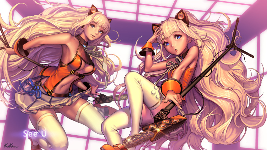 adult animal_ears bare_shoulders blonde_hair blue_eyes bracelet breasts cat_ears center_opening cleavage dual_persona highres jewelry kakiman long_hair microphone microphone_stand multiple_girls seeu skirt smile tan thigh-highs thighhighs very_long_hair vocaloid white_legwear young zettai_ryouiki