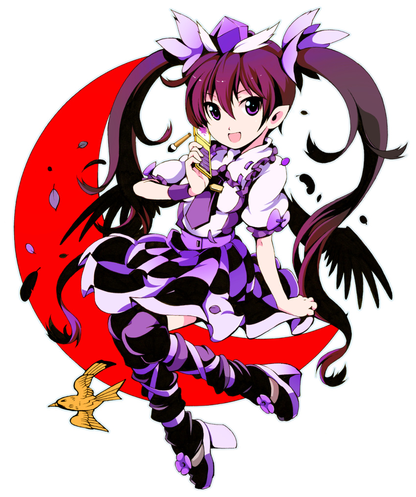 bird black_wings boots cellphone checkered checkered_skirt geta hair_ribbon hat highres himekaidou_hatate ichizen_(o_tori) leg_ribbon necktie open_mouth phone pointy_ears purple_eyes purple_hair ribbon shirt skirt smile solo tengu-geta thigh-highs thigh_boots thighhighs touhou twintails violet_eyes wings