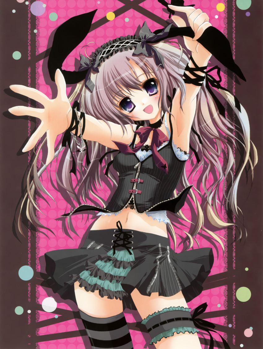 absurdres arm_up armpits bare_shoulders blush bracelet choker fang garters grey_hair happy head_tilt headdress highres hisuitei izumi_tsubasu jewelry lolita_fashion long_hair looking_at_viewer midriff navel open_mouth original outstretched_arms possible_duplicate purple_eyes ribbon skirt smile solo standing striped striped_legwear thigh-highs thighhighs violet_eyes zipper