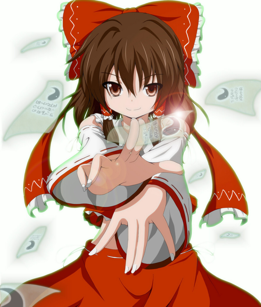 bow brown_eyes brown_hair detached_sleeves dr._cryptoso fingernails hair_bow hair_tubes hakurei_reimu highres lens_flare miko nail_polish ofuda smirk solo touhou yin_yang